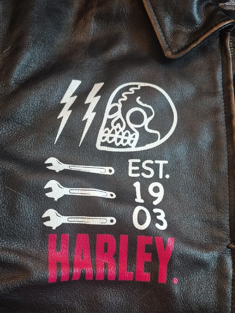 Harley-Davidson Brown Leather Bomber Jacket with Painted Accents And Kustom Kat.